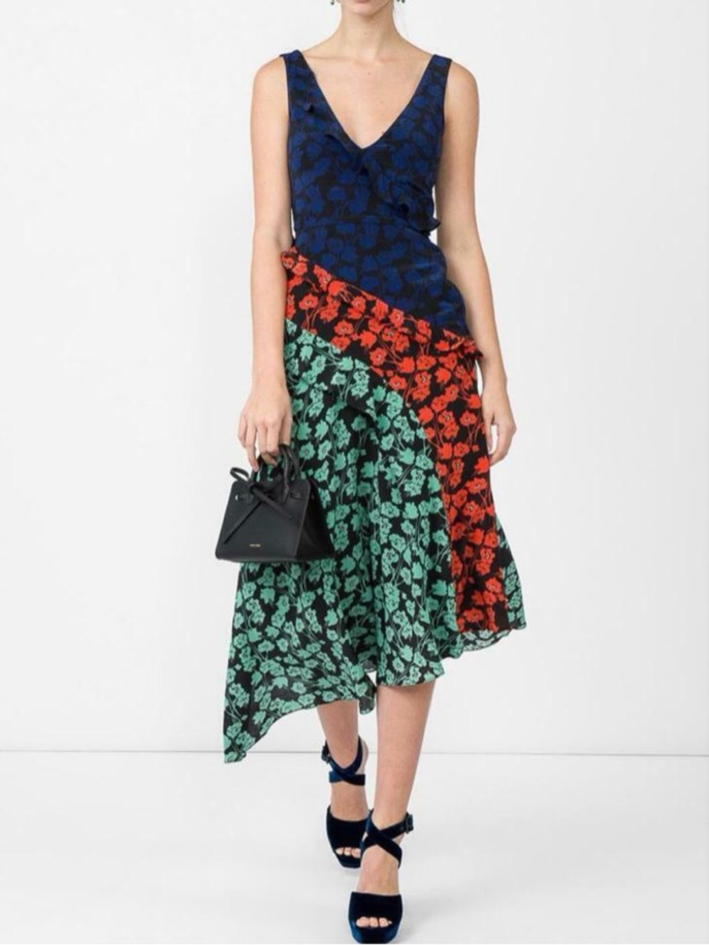 SALONI Aggie Navy, Red & Teal Floral Asymmetric High/Low Silk Ruffled Midi Dress